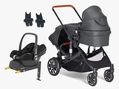 Beemoo Maxi 4 Twin sisarusvaunut Black -värissä sekä Maxi-Cosi CabrioFix i-Size -turvakaukalo ja telakka.