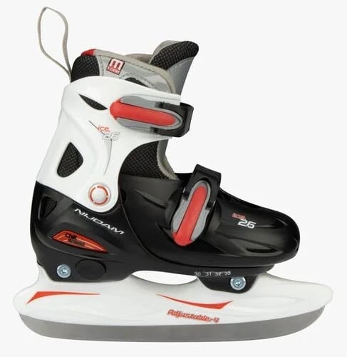 Nijdam säädettävät lasten luistimet musta/harmaa värityksellä, tukeva rakenne ja pikasoljet.