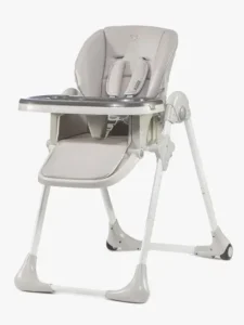Harmaa taitettava syöttötuoli vauvalle, jossa tarjotin, turvavyöt ja säädettävä selkänoja