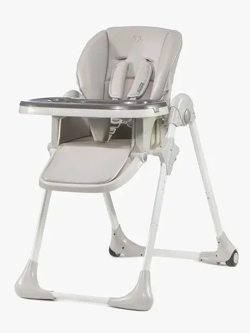Harmaa taitettava syöttötuoli vauvalle, jossa tarjotin, turvavyöt ja säädettävä selkänoja