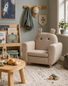 Beige lasten nojatuoli korvamaisilla yksityiskohdilla kodikkaassa lastenhuoneessa kirjahyllyn, lelujen ja pienen pöydän vieressä.