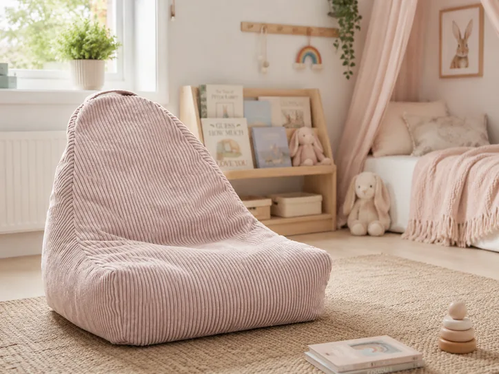 Vaaleanpunainen vakosamettinen säkkituoli vaaleassa lastenhuoneessa, jossa on sänky, kirjahylly ja pehmoleluja.